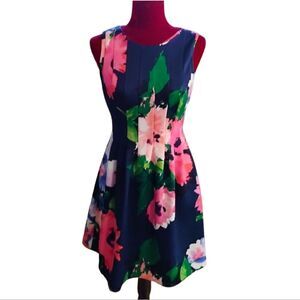 Vince Camuto Pleat Ponte Floral Dress Size 6 Fully Lined Navy Pink